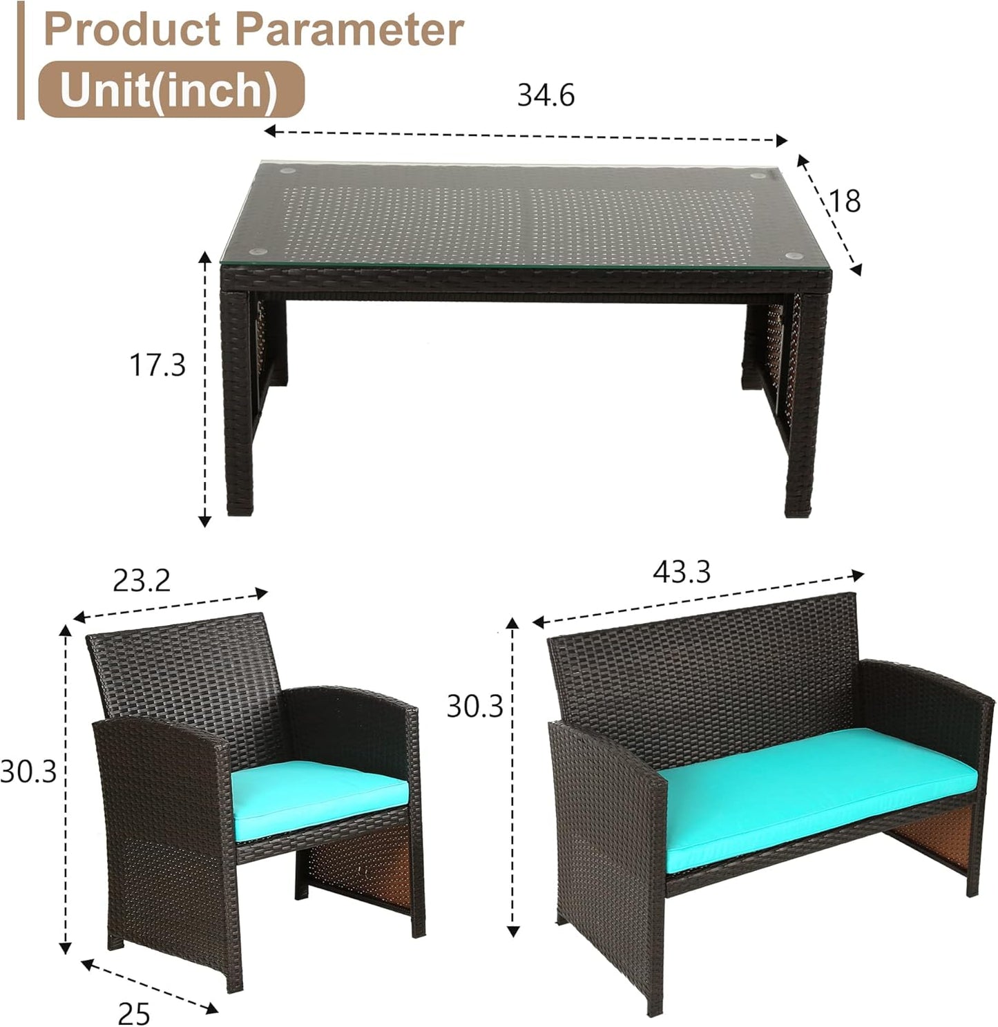 Skiennix Outdoor Furniture Set - 4-Piece Wicker Rattan Patio Conversation Set for Garden | Brown & Blue
