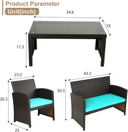 Skiennix Outdoor Furniture Set - 4-Piece Wicker Rattan Patio Conversation Set for Garden | Brown & Blue