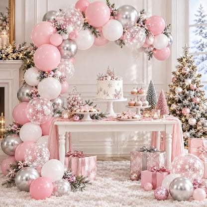 Pink and Silver Balloons 50 Pcs Snowflake Winter Wonderland — Variation Pink White Snowflake