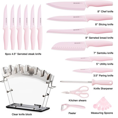 Astercook Kitchen Knife Set with Block and Sharpener 22 Piece German High Carbon Stainless Steel Knives Sharp Blade Dishwasher Safe Knife Set with Anti-slip Ergonomic Handle, Crystal Pink