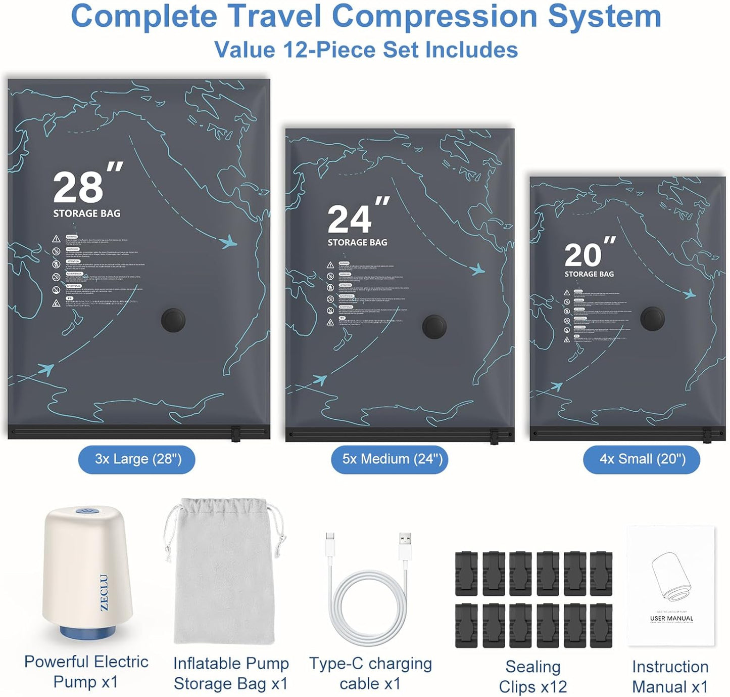 Skiennix Travel Vacuum Bags - 12 Pack with Rechargeable Pump for Clothing Space Saving Storage