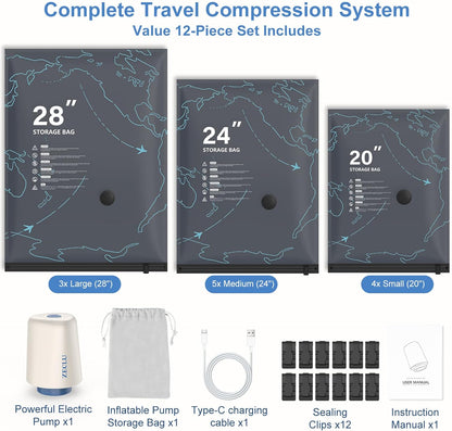 Skiennix Travel Vacuum Bags - 12 Pack with Rechargeable Pump for Clothing Space Saving Storage