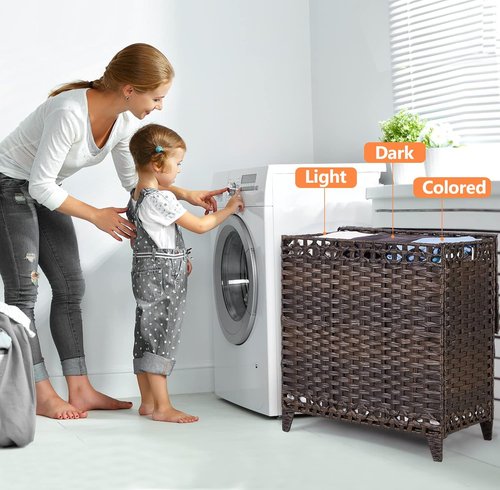 Handwoven Rattan Laundry Hamper - 132L with 3 Removable Liner Bags & Lid | Brown Clothes Sorter