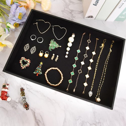 JETEHO Black Velvet Jewelry Tray for Drawers Black Jewelry Display Tray Stackable Jewelry Trays Stackable Jewelry Organizer Trays for Necklace Bracelet Ring Watch Tray Felt Jewelry Tray(4 Pack)