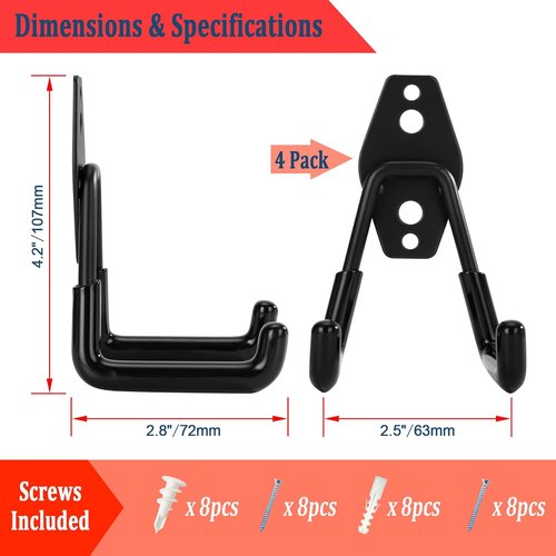 Garage Tool Organizer - Heavy Duty Steel Hooks for Ladders, Garden Tools & Bikes | 4 Pack
