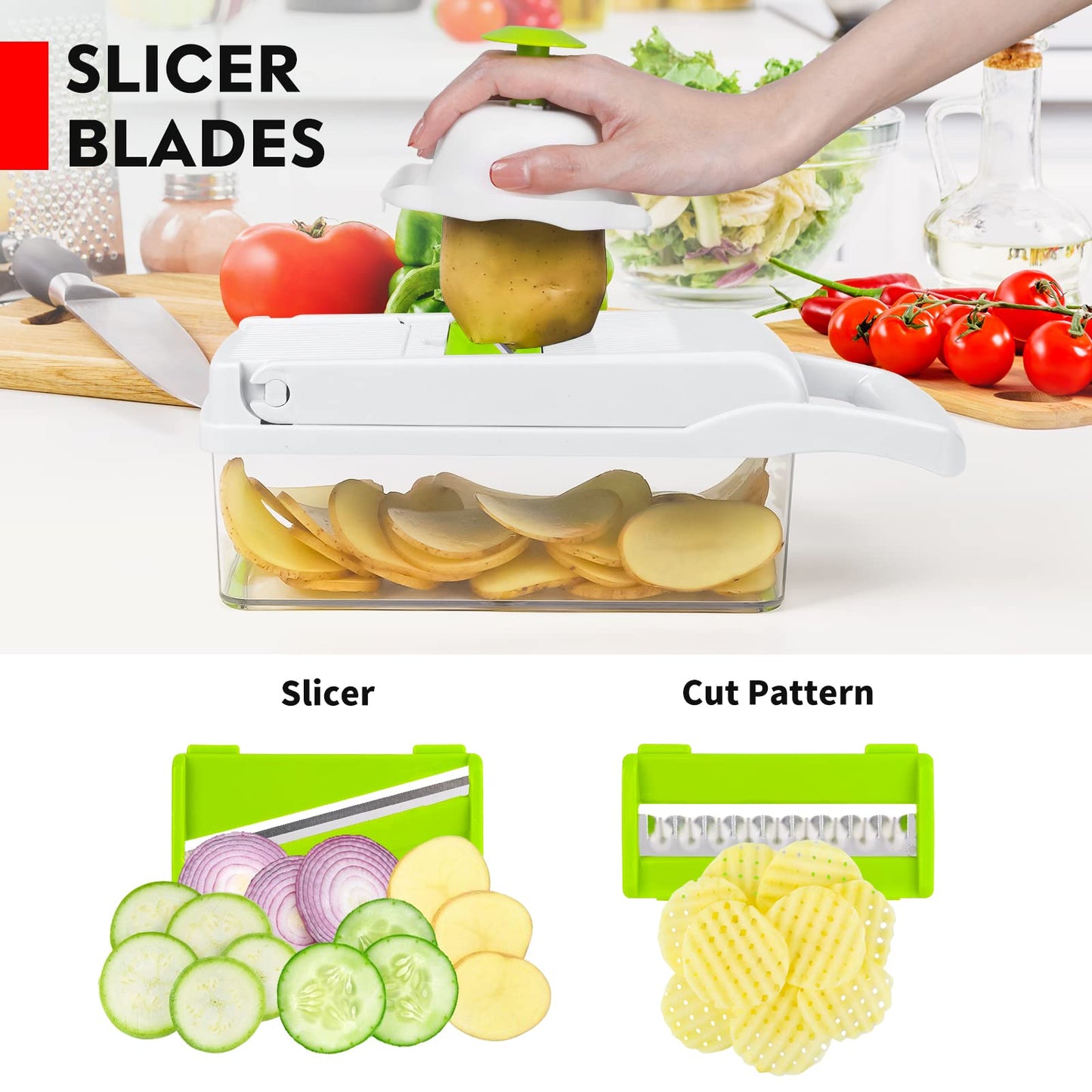 Vegetable Chopper, Pro Onion Chopper, 14 in 1Multifunctional Food Chopper, Vegetable Slicer Dicer Cutter,Veggie Chopper With 8 Blades,Carrot and Garlic Chopper With Container，Colander Basket (White)