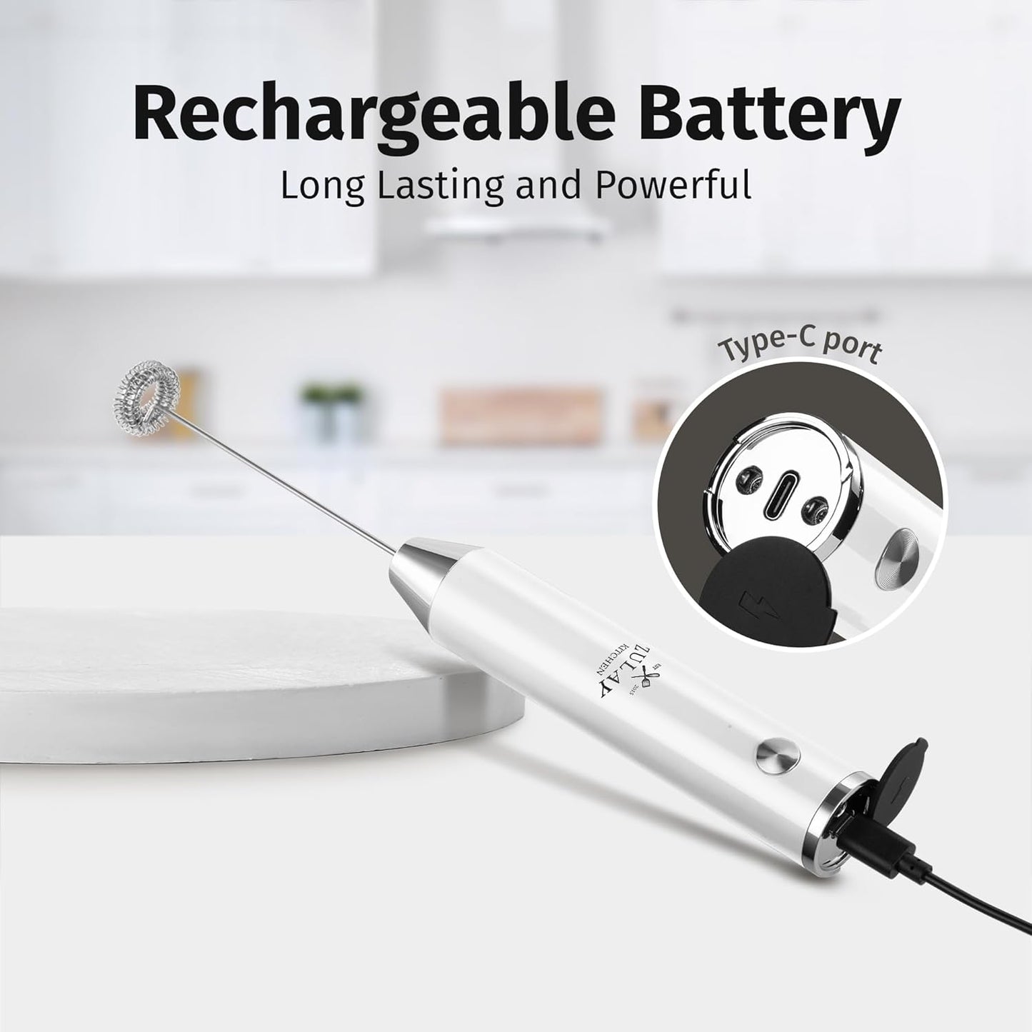 Zulay Kitchen Rechargeable Milk Frother Handheld Lux - Powerful 2-Speed Motor, Waterproof, 2000mAh Battery - Drink Mixer for Latte, Cappuccino, Matcha & Protein Powder - Snow White