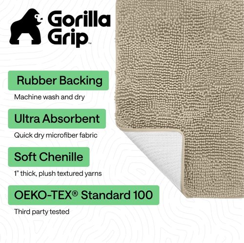 GORILLA GRIP Bath Rug Mat - Thick Soft Absorbent Chenille | Quick-Dry Microfiber, 24x17, Sand