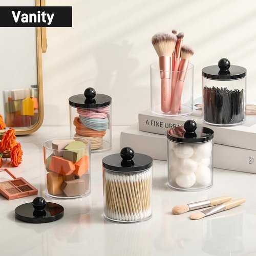 Clear & Black Acrylic Qtip Holder Dispenser | 4 Pack Cotton Swab Storage Canister Set - Bathroom Essentials