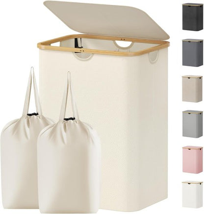 Lifewit 150L Laundry Basket - Foldable Hamper with Lid & Bamboo Handles | White, Large Size