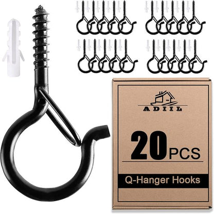 ADIIL Q Hanger Hooks - 20 PCS Windproof Screw Hooks with Safety Buckle for Outdoor String Lights | 2.2 Inches, Black