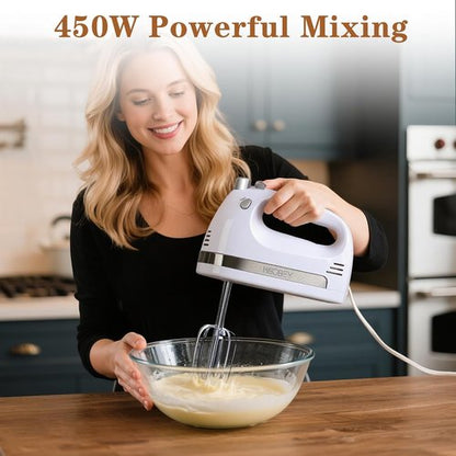 450W Electric Hand Mixer by [Brand Name] - 5-Speed Handheld Mixer with Turbo Function & Storage Case | Includes 2 Beaters & 2 Dough Hooks (White)