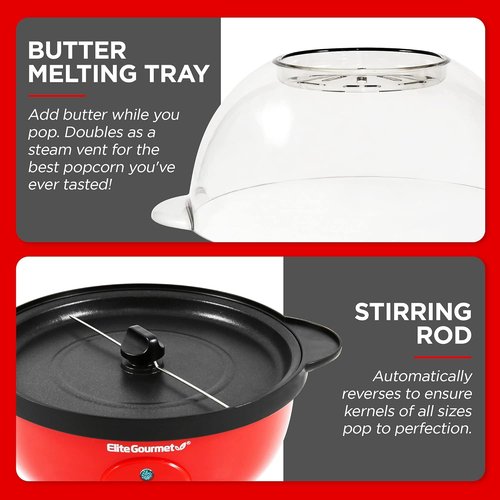 Elite Gourmet Automatic Stirring Popcorn Maker - 12-Cup Nonstick Ceramic Design, Red | Perfect for Home Parties