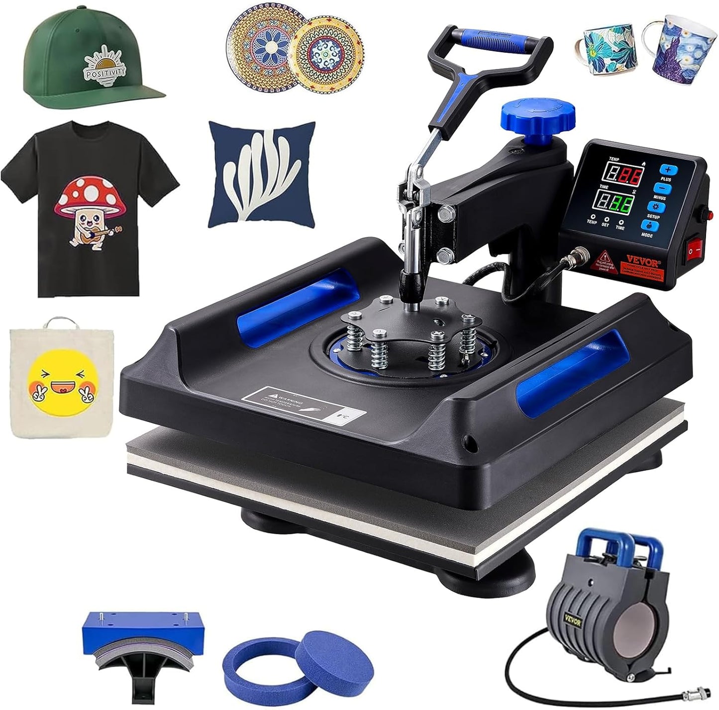 VEVOR 5 in 1 Heat Press Machine - 15x15 Inch Digital Control for T-Shirt, Hat, Mug & Plate Sublimation | Blue
