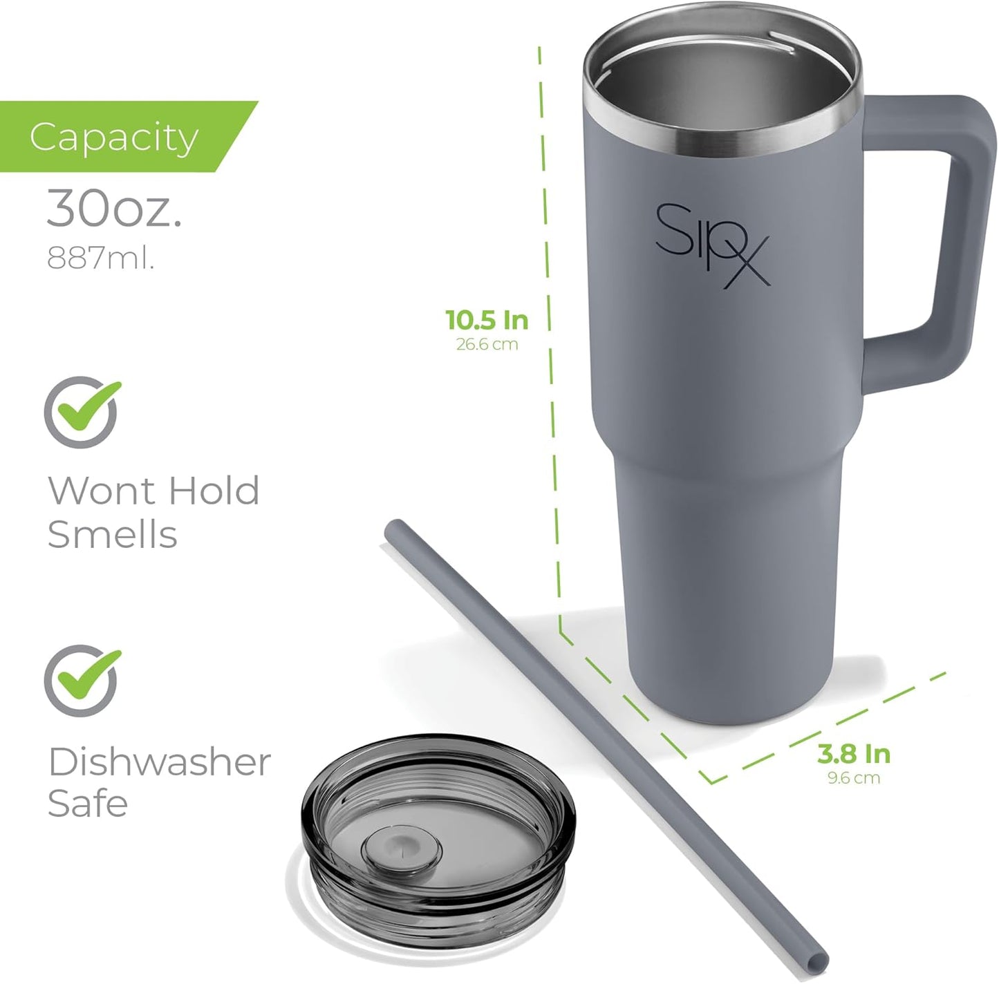 SIPX™ Insulated Tumbler 30 oz - Vacuum-Sealed Stainless Steel with Handle & Straw | Leakproof & Cupholder Friendly - Grey