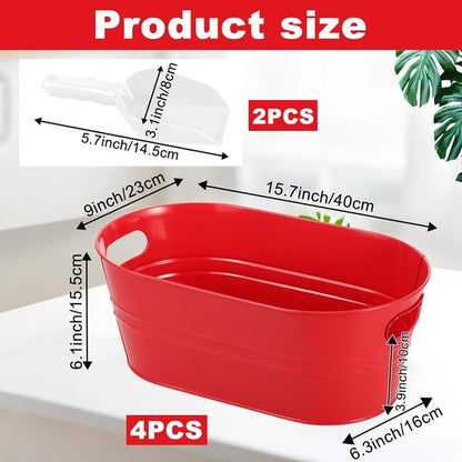 4Pcs 3 Gallon Red Galvanized Bucket Ice Bucket Large Metal Drink Buckets for Parties Beer Beverage Tub with Scoops for Champagne Cocktails Wine Cooling for Mimosa Bar Supplies