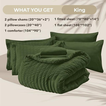 HYMOKEGE King Size Comforter Set - Olive Green Seersucker Luxury Bedding | 7-Piece All-Season Bed in a Bag