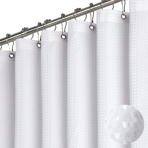 Dynamene Extra Long Fabric Shower Curtain - Waffle Weave 84 Inches Long Heavy Duty Cloth Shower Curtains for Bathroom, 256GSM Tall Hotel Luxury Bath Curtain Set with 12 Plastic Hooks(72Wx84H, White