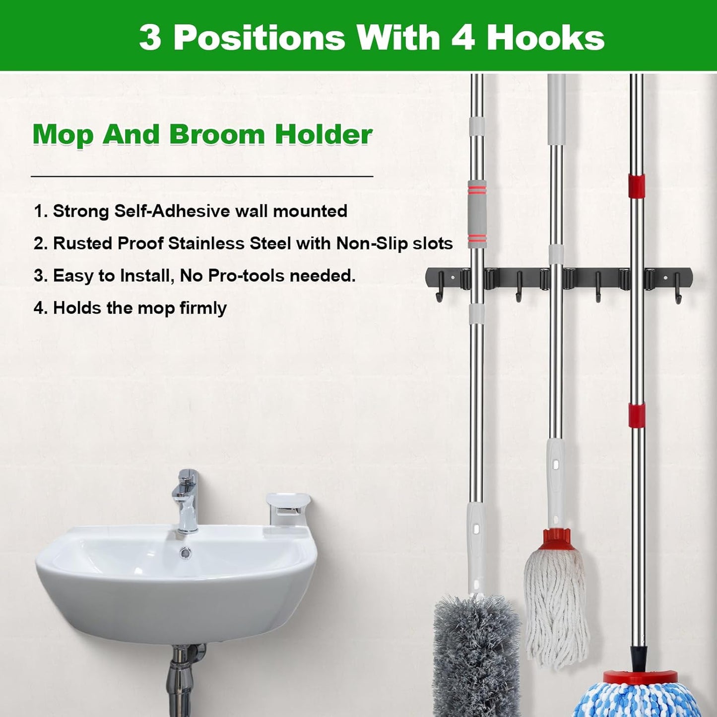 Voze Mop and Broom Holder - 3 Racks & 4 Hooks, Heavy Duty Wall Mount Organizer for Home & Garage