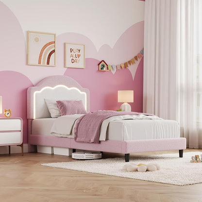 GarveeTech Twin Bed Frame with Velvet Upholstered Headboard — Pink, Without Drawer