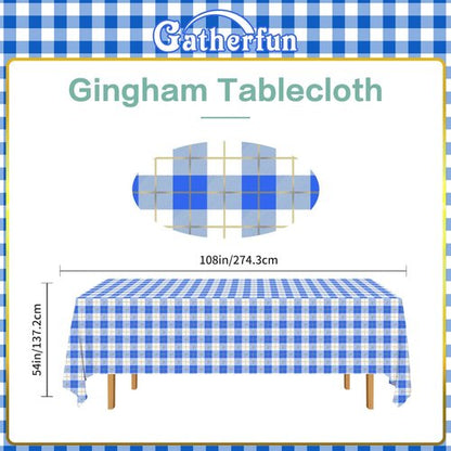 Gatherfun 3PCS Disposable Waterproof Tablecloth - Blue & White Gingham Checkered | 54x108 Inch for Parties & Events