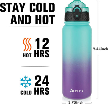 Oldley Insulated Water Bottle - 20oz Stainless Steel with 3 Lids | Leak-Proof Design for School & Travel - Green/Purple