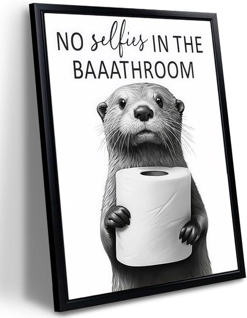 Framed Funny Bathroom Wall Art - Cute Otter Holding Toilet Paper | Black and White Canvas Print - 8x10in