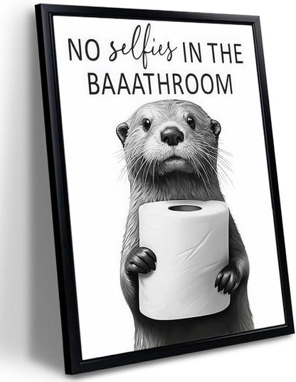 Framed Funny Bathroom Wall Art - Cute Otter Holding Toilet Paper | Black and White Canvas Print - 8x10in