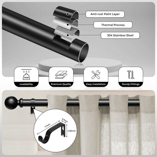 Wolistsa Curtain Rods 48 to 84 Inch, Black 1 Inch Adjustable Heavy Duty Curtain Rods for Windows, Decorative Modern Window Treatment Rod, Telescopic Splicing Metal Drapery Pole, Easy Installation
