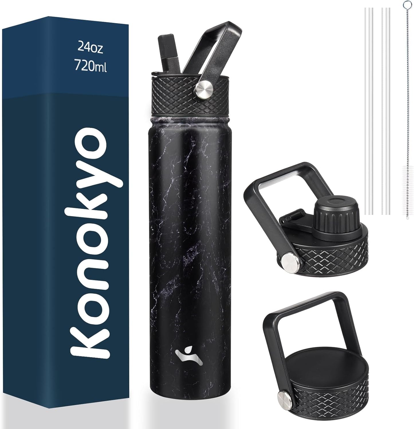 Skiennix Insulated Water Bottle - 24oz Stainless Steel Sport Bottle with 3 Lids | Marble Midnight
