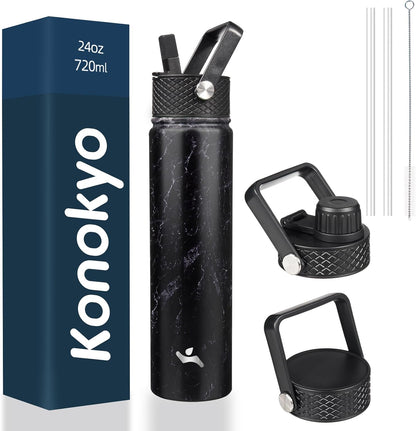 Skiennix Insulated Water Bottle - 24oz Stainless Steel Sport Bottle with 3 Lids | Marble Midnight