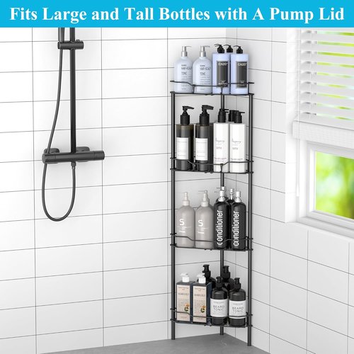 HuggieGems Corner Shower Caddy Organizer - 4 Tier Floor Standing Shelf with Hooks | Black Finish