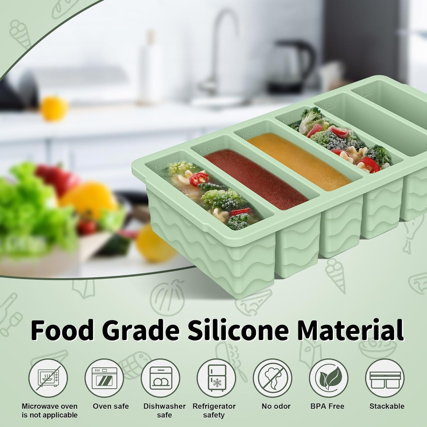Skiennix Silicone Freezer Trays - 2-Pack with Lid for Meal Prep | 2 Large 2-Cup & 6 Small 1/2-Cup Molds