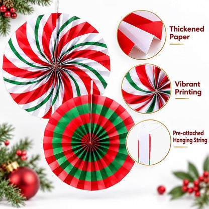 Peppermint Candy Cane Christmas Paper Fans 9-Pack - 8/12/16 Inch Hanging Decorations