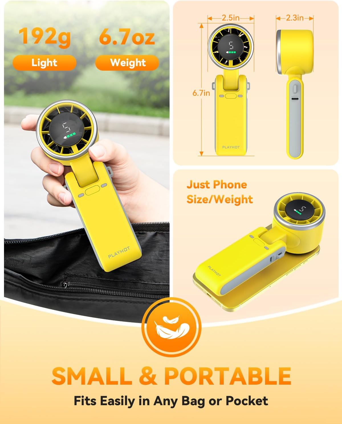 PlayHot Portable Handheld Turbo Fan - 5-Speed Rechargeable 5000mAh Battery | Lightweight 3-in-1 Design (Yellow)