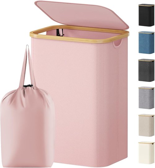 Lifewit 80L Laundry Basket - Foldable Hamper with Lid & Bamboo Handles | Removable Bag, Pink