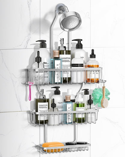 Regine Shower Caddy - Rust-Resistant Aluminum Hanging Organizer with 6 Hooks for Razors & Sponges | Silver