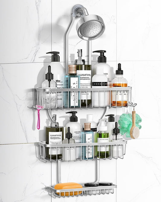 Regine Shower Caddy - Rust-Resistant Aluminum Hanging Organizer with 6 Hooks for Razors & Sponges | Silver