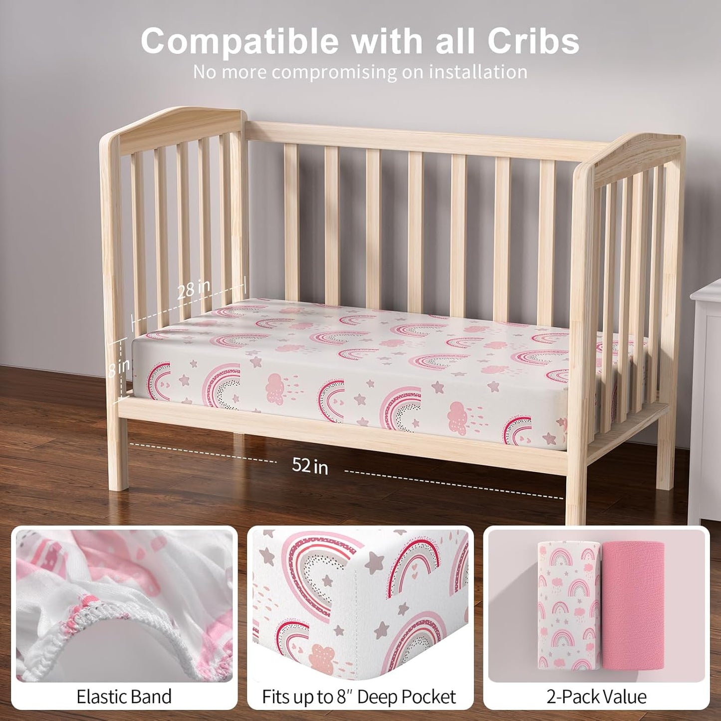 Skiennix Baby Crib Sheets - 2 Pack Soft Microfiber for Standard Crib | Pink Rainbow & Pink, 28x52x8in