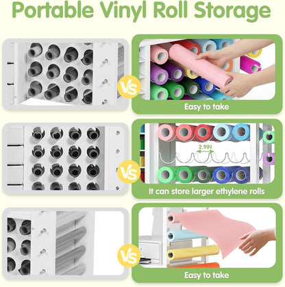 Skiennix Craft Storage Cart - Mobile Table with Vinyl Roll Holder & Drawers | Ideal for Studios & Offices