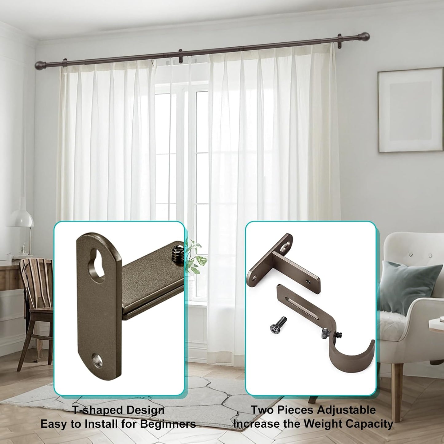 Skiennix Adjustable Curtain Rod Brackets - Metal Drapery Hanger Holders for 1 Inch Rods | Brown, Set of 2