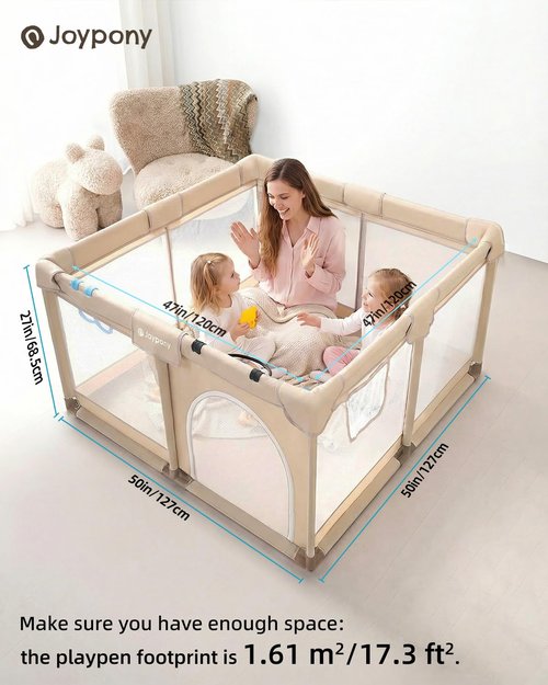 Joypony Baby Playpen - 50x50 Inch Indoor Play Yard with Gate & Soft Breathable Mesh (Beige)