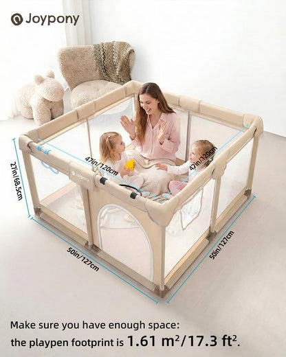 Joypony Baby Playpen - 50x50 Inch Indoor Play Yard with Gate & Soft Breathable Mesh (Beige)