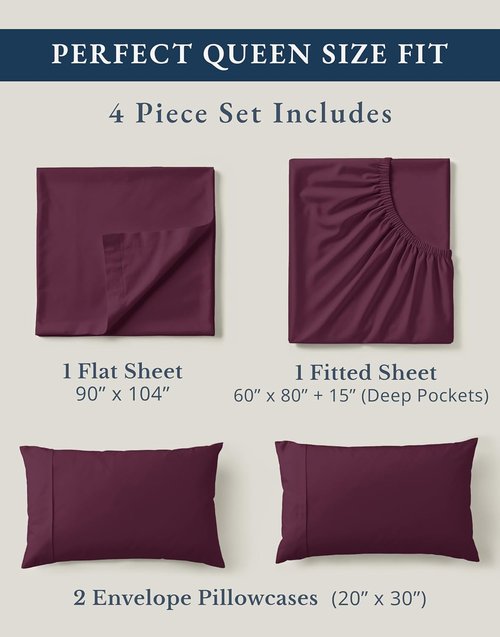 LANE LINEN 100% Organic Cotton Queen Sheets - Soft & Breathable Classic Percale, Machine Washable - Windsor Wine