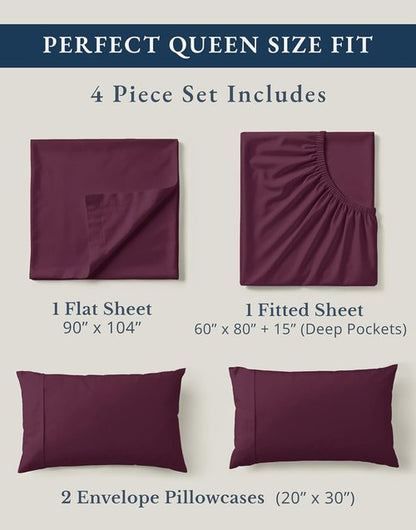 LANE LINEN 100% Organic Cotton Queen Sheets - Soft & Breathable Classic Percale, Machine Washable - Windsor Wine