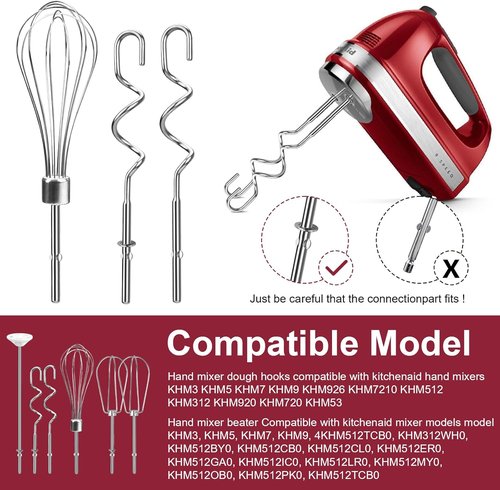 Kitchenaid Hand Mixer Attachments - Stainless Steel Beater, Whisk, Dough Hooks | Set of 6