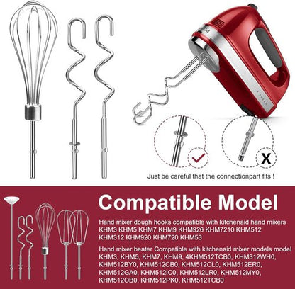 Kitchenaid Hand Mixer Attachments - Stainless Steel Beater, Whisk, Dough Hooks | Set of 6