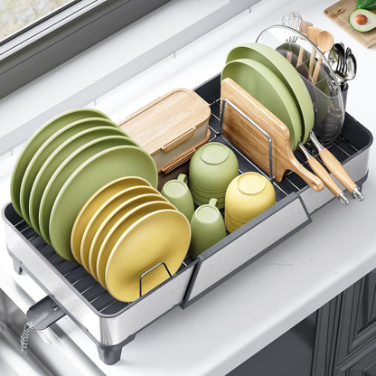 Skiennix Large Dish Drying Rack - Triple Expandable Stainless Steel Kitchen Organizer | Gray with Utensil & Pans Holder