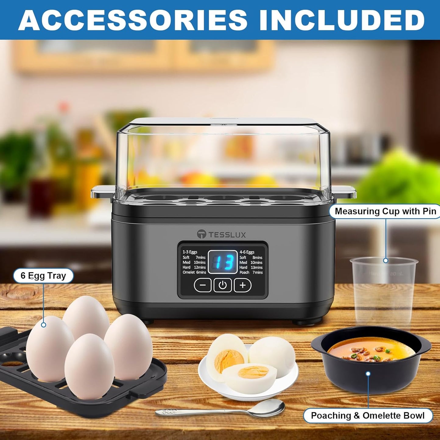 Tesslux Electric Egg Cooker - 6 Egg Capacity for Hard Boiled, Poached, & Scrambled Eggs | Auto Shut Off (Gray)