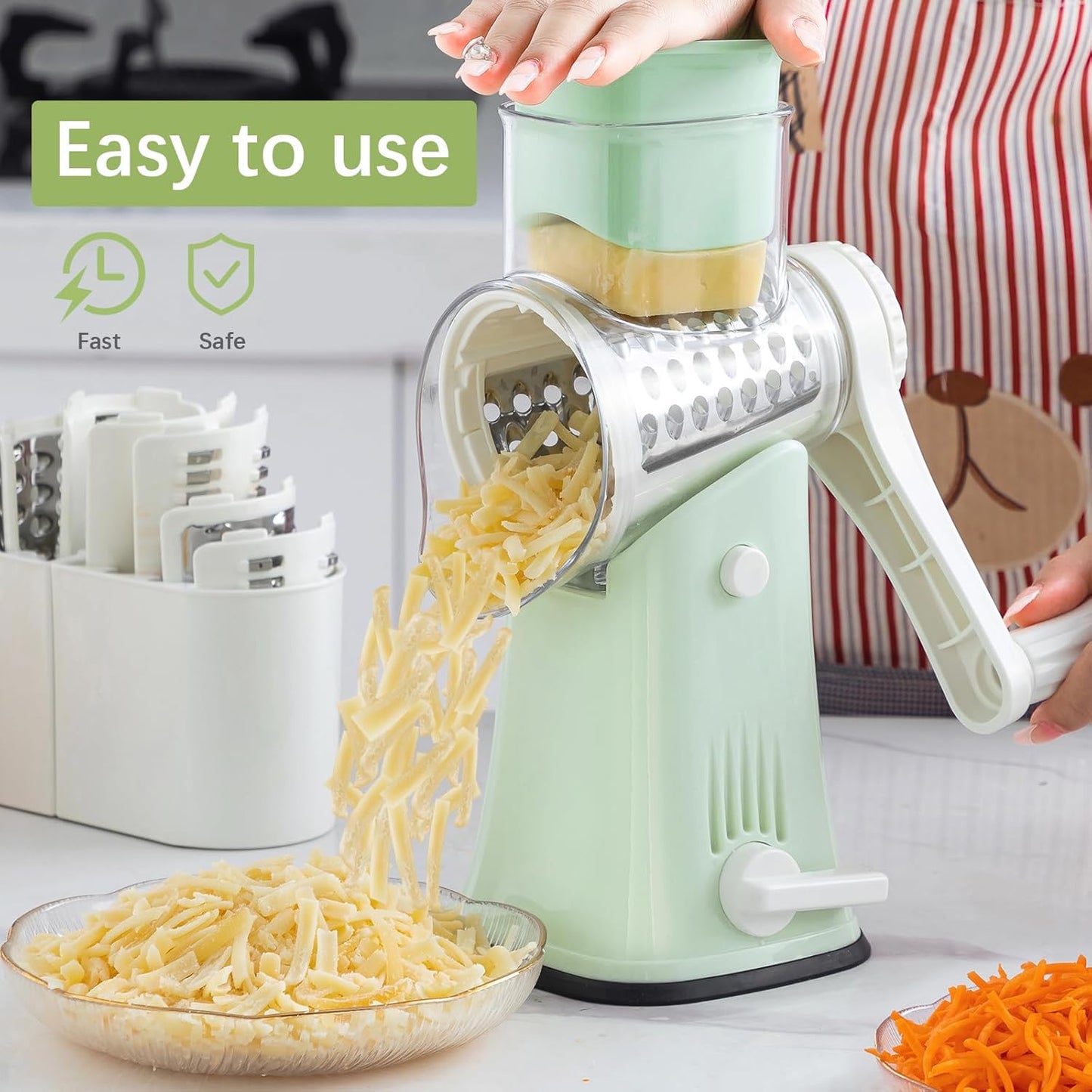 VEKAYA Rotary Cheese Grater - 5-in-1 Stainless Steel Shredder with Handle & Storage Box | Easy to Clean